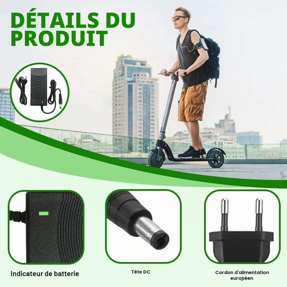 Chargeur Trottinette électrique, 42V 2A Chargeur Hoverboard, Charge Rapide pour Hoverboard, Bici Equilibrata, Scooter électrique, E-Bike DC 5,5 x 2,5 MM