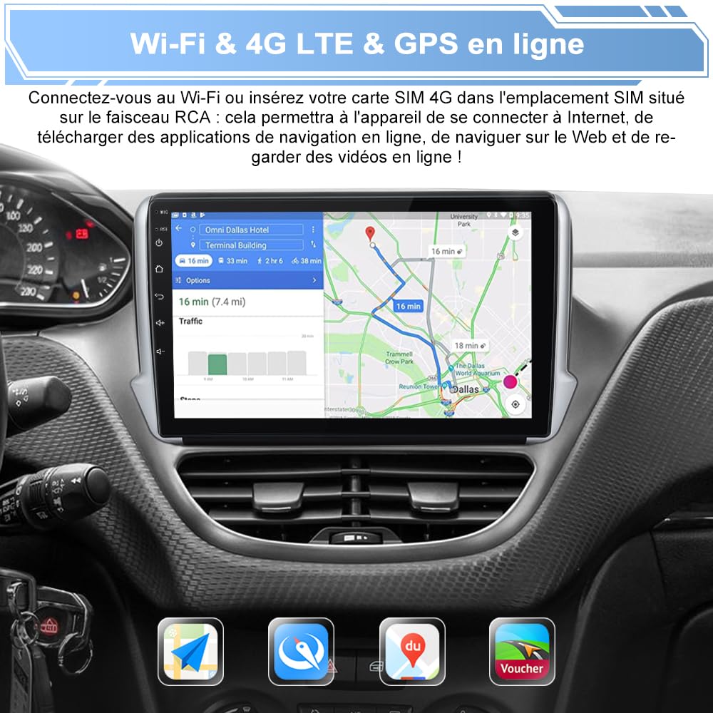 AWESAFE Autoradio 6Go+128Go 8Cœurs pour Peugeot 208 2008 (2012-2018), 4G LTE, Écran Tactile 10,1”, Android 13 CarPlay sans Fil & Android Auto, GPS WiFi Bluetooth FM RDS DSP, Commandes au Volant