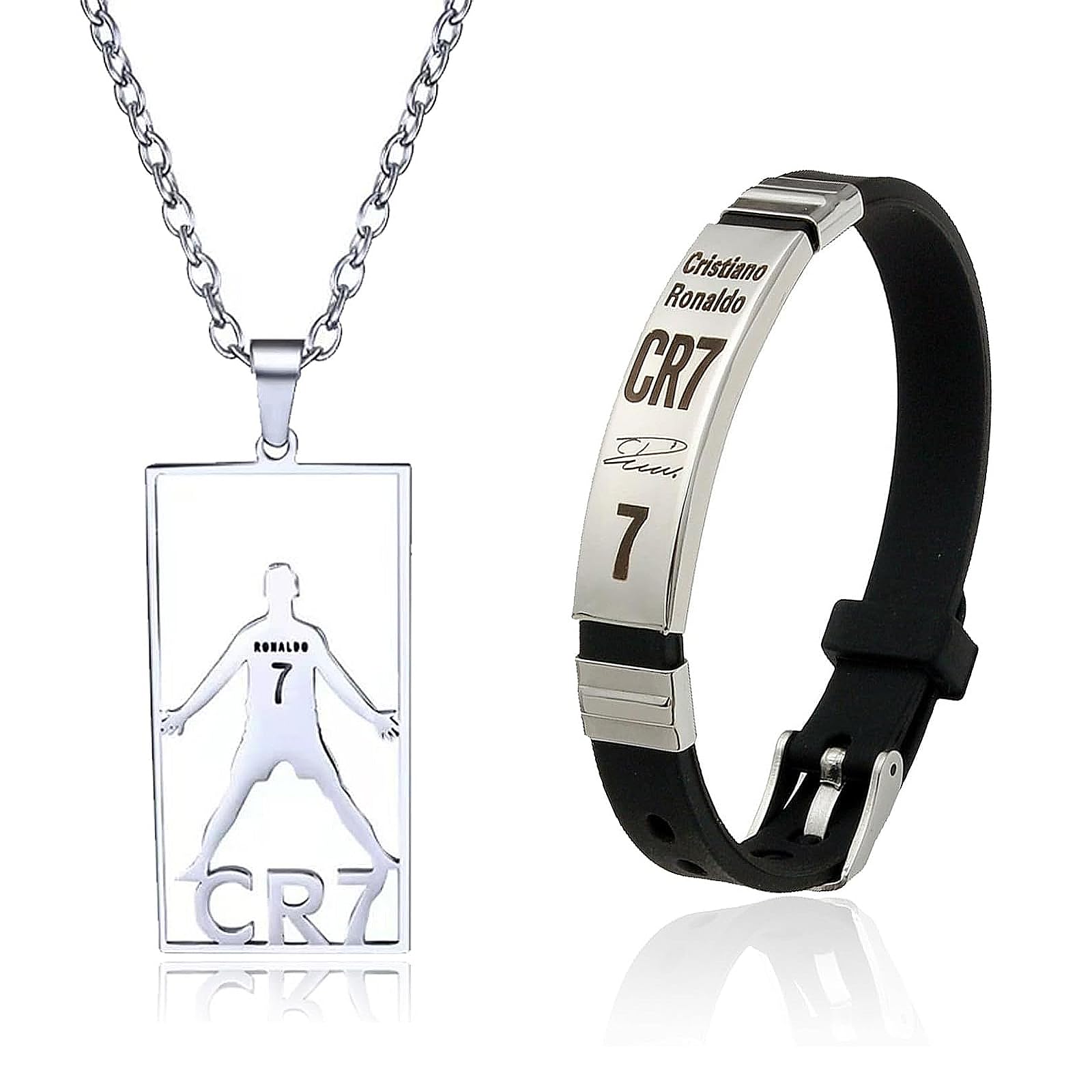 2 piezas de artículos de fútbol, cosas para niños, pulsera de estrella de fútbol Cr7, uso para el mejor regalo para niños que aman el fútbol (pulsera de plata + collar)