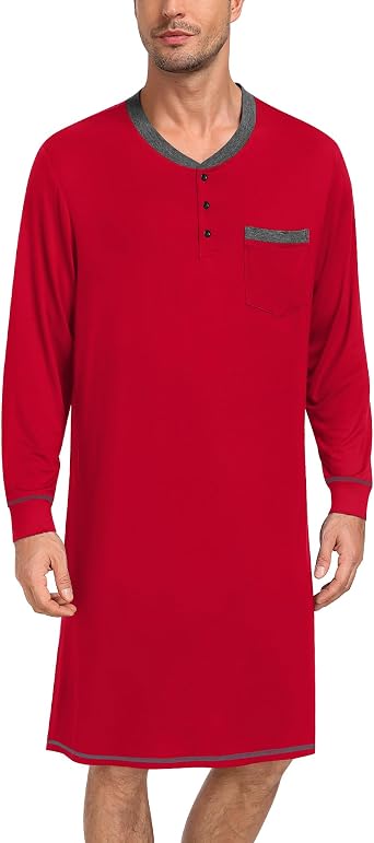 SWOMOG Mens Nightshirt Modal Long Sleeve Nightgown Henley Night Shirts Sleepwear Big & Tall Nightwear S-L