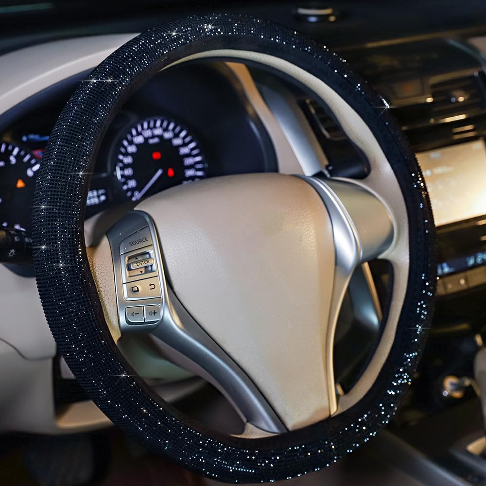 Carwales Car Steering Wheel Cover D Shape Flat Bottom Diamond Sparkly Rhinestone Bling Car Accessories for Women Black 14.5-15 Inch