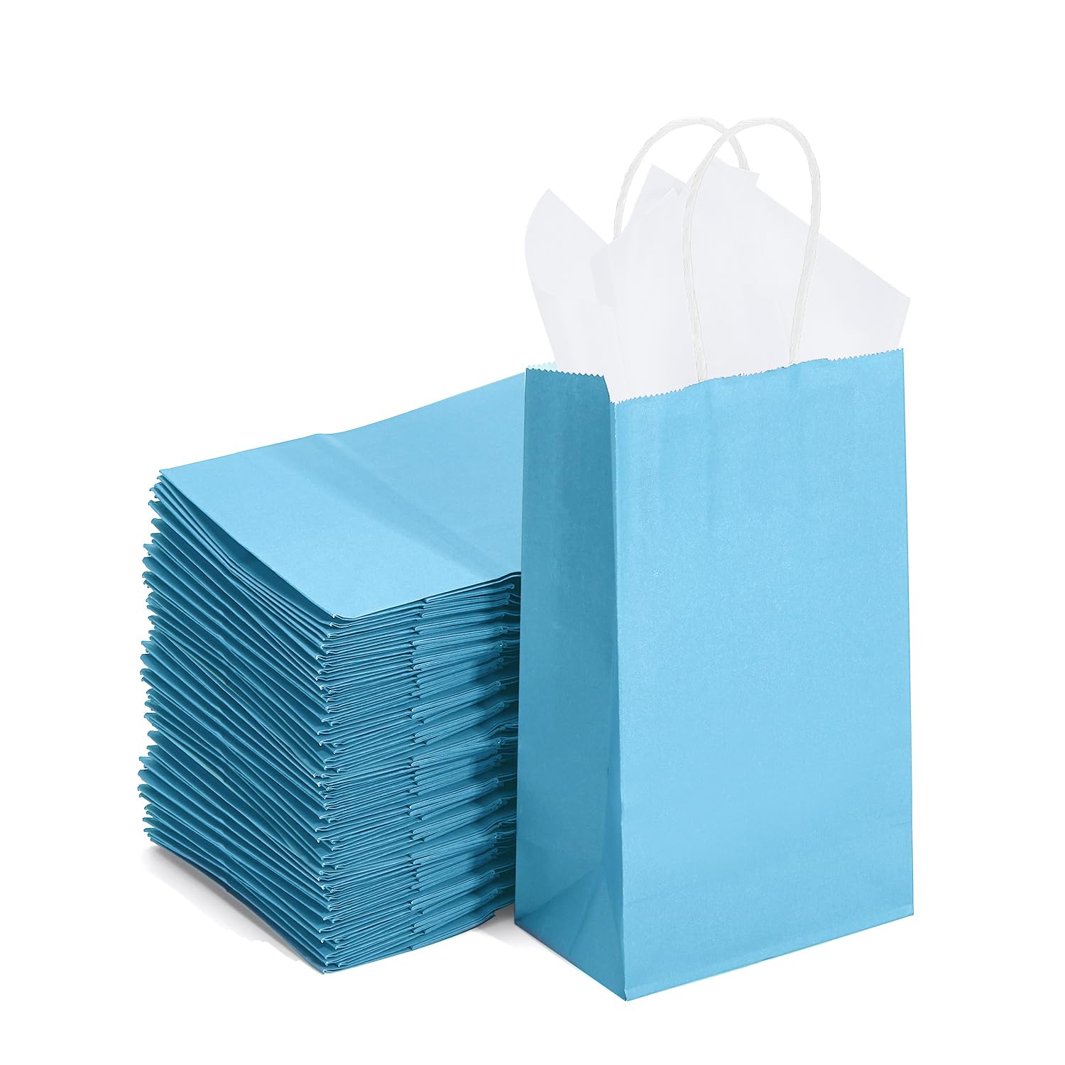 100 Pack Small Light Blue Paper Gift Bags with Handles Bulk 9x5.5x3.15 Inch for Holiday Birthday Wedding Baby Shower Parties Goodies, Blue Business Shopping Bags