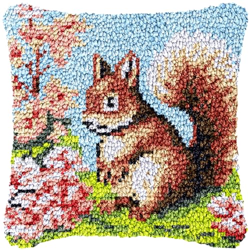 Cute Squirrel Latch Hook Kits Pillow Cover for Beginner Color Printed Canvas Yarn Crocheting Carpet Cushion Hook and Latch Pillowcase Sofa Decoration 43x43cm