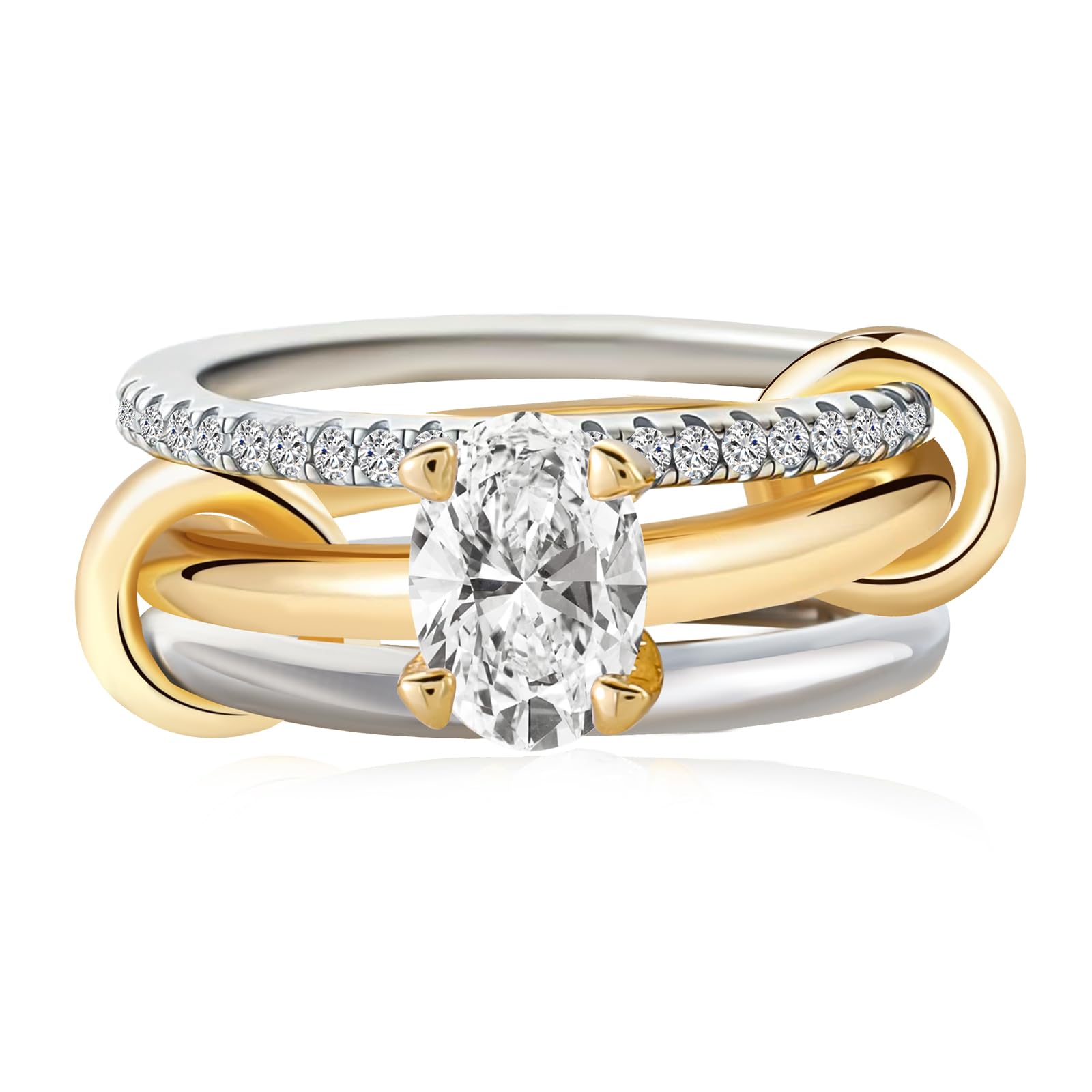 FOJDPAS 14k Gold Silver Plated Stackable Rings for Women Minimalist Moissanite Cubic Zirconia Dainty Mixed Metal Two Tone Gemstone Stacked Diamond