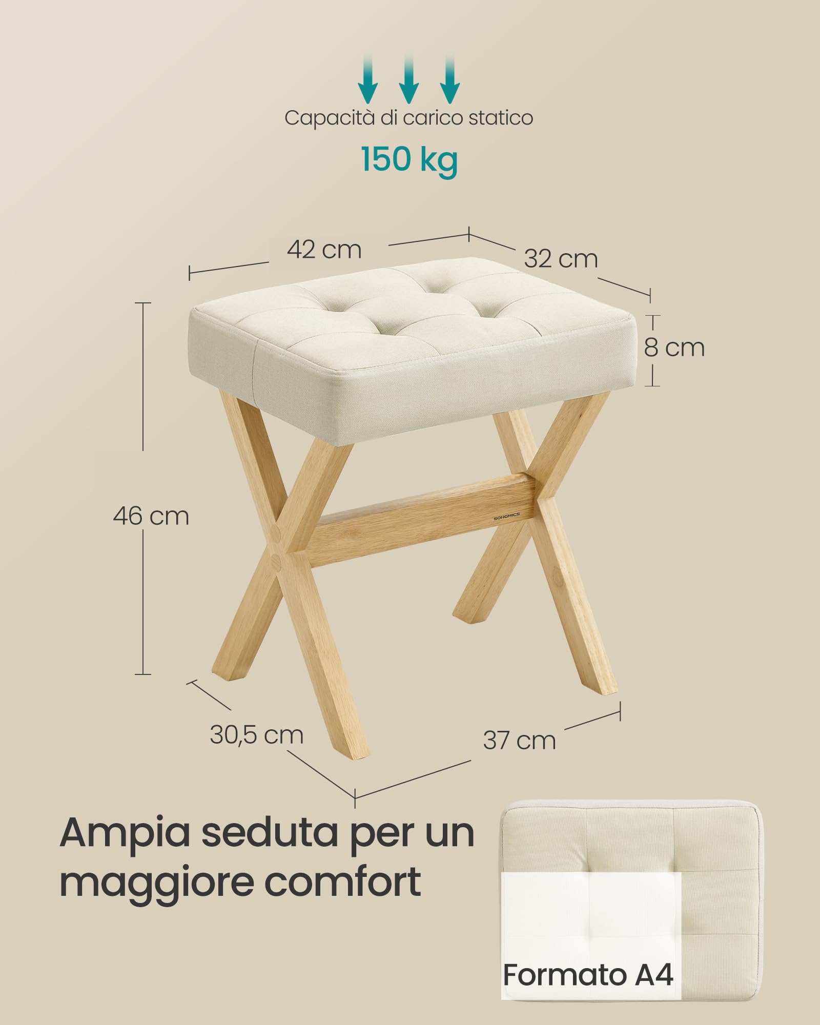 SONGMICS Sgabello da Trucco, Sgabello Toeletta Imbottito, Poggiapiedi, Gambe in Legno, Camera da Letto Cabina Armadio Ingresso, 32 x 42 x 46 cm, Beige Sabbia e Naturale LSF006LF02