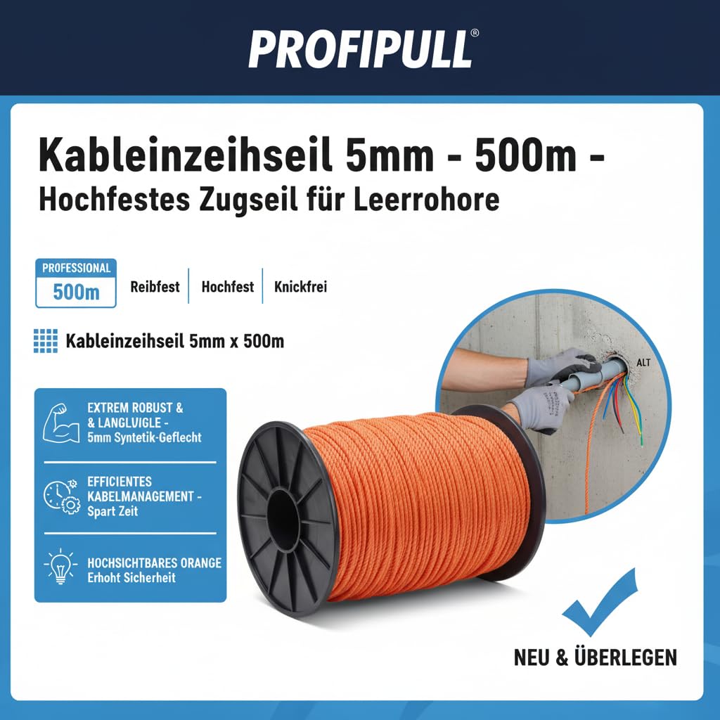 Best_rope24 Kabeleinziehhilfe Einziehspirale 500m 5mm PP Einziehseil | Robuste Kabelziehhilfe, reißfestes PP Kabeleinziehseil für die Elektroinstallation und Leerrohre