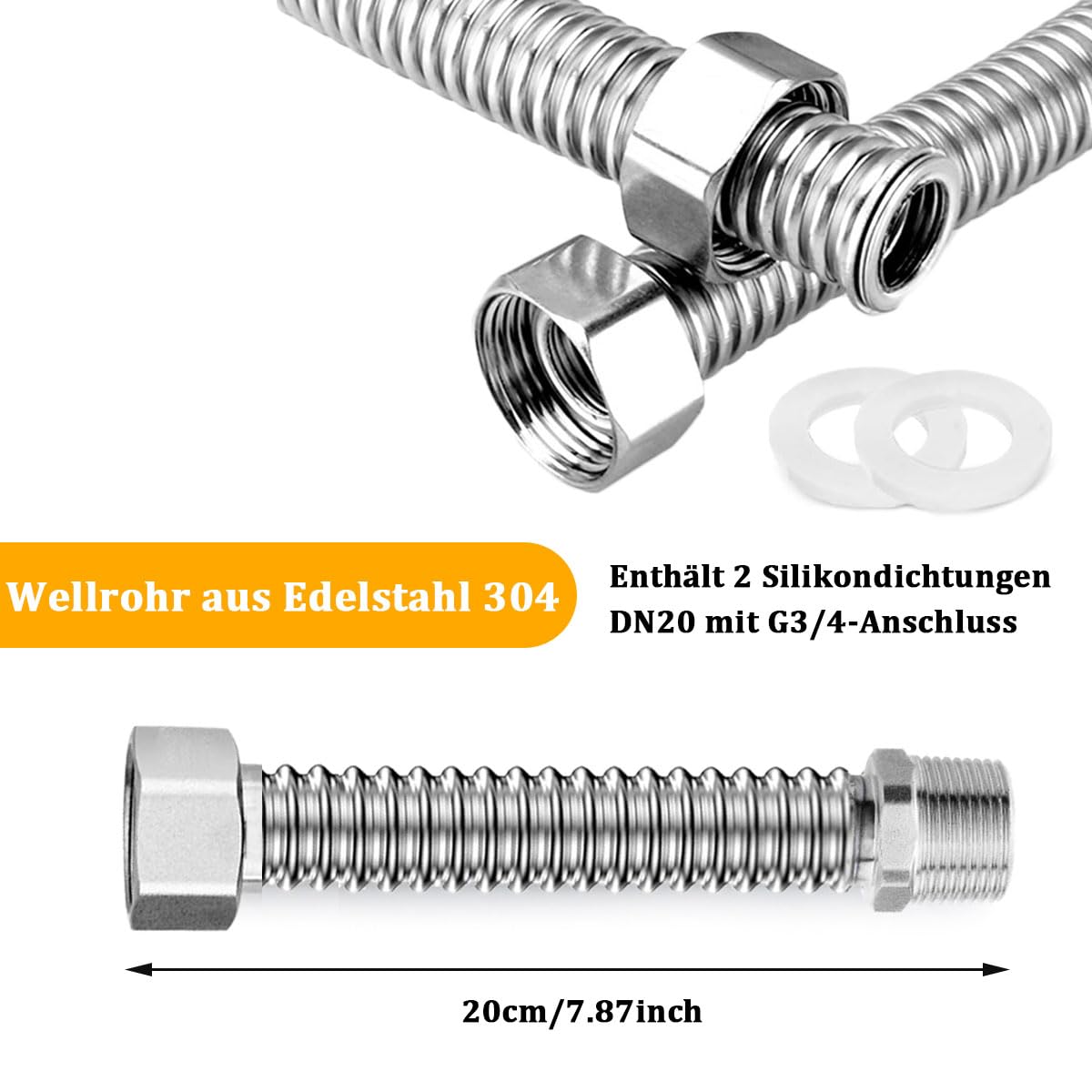 Produktbild von 3/4 Zoll Edelstahl-Wellrohr – Flexibles Panzerschlauch, 200–400 Mm Dehnbar, Für Wasserhahn, Toilette, Boiler, Spülmaschine