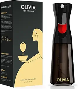 FLAIROSOL OLIVIA Oil Sprayer for Cooking, 200ml Glass Olive Oil Sprayer, Continuous Cooking Spray Dispenser with Portion Control for Kitchen, Air Fryer, Salad, BBQ (Black Bottle, Gold Print)