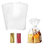 Morepack Cellophane Treat Bags, 200 PCS Clear Cellophane Gift Bags with Twist Ties (8x12)