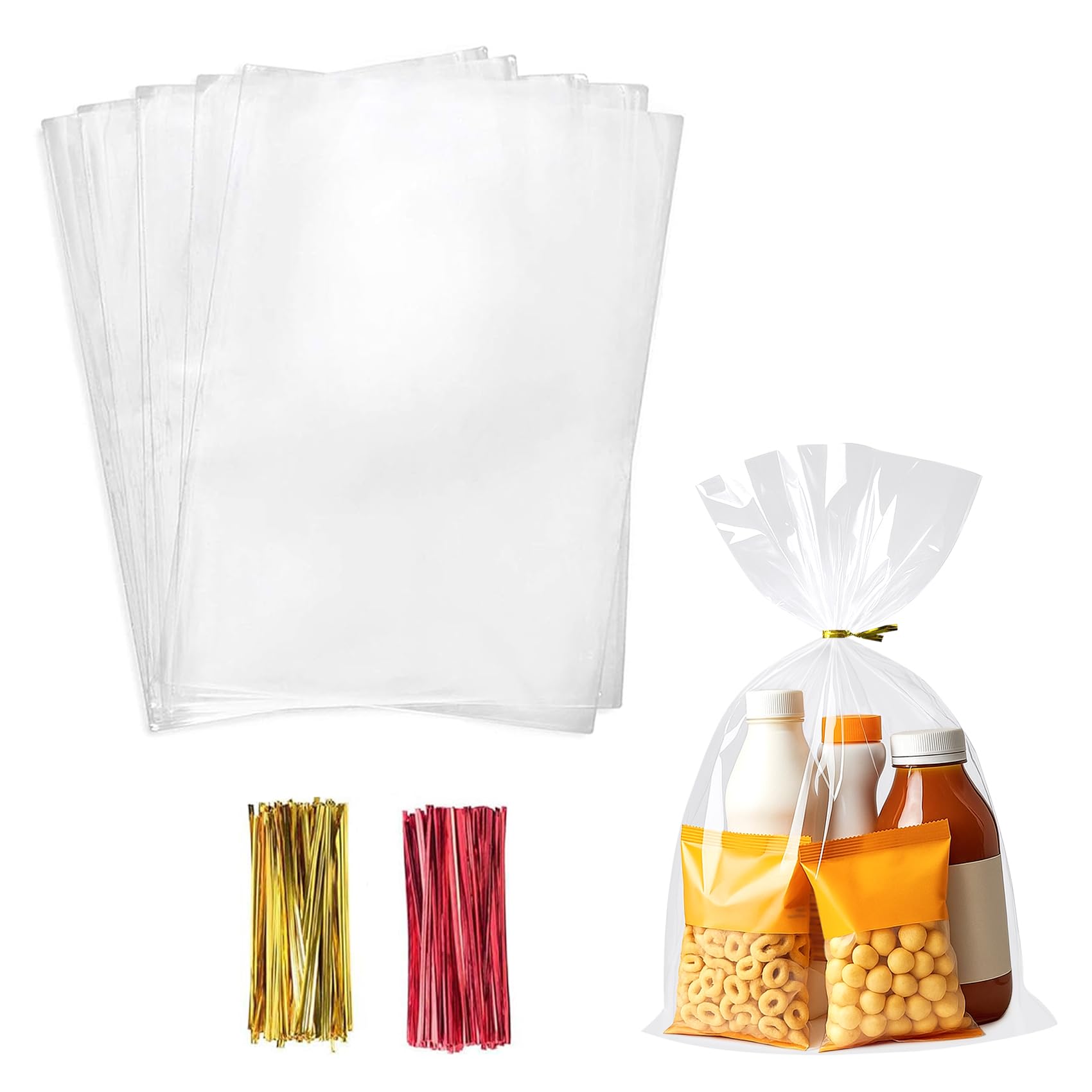 Morepack Cellophane Treat Bags, 200 PCS Clear Cellophane Gift Bags with Twist Ties (8"x12")