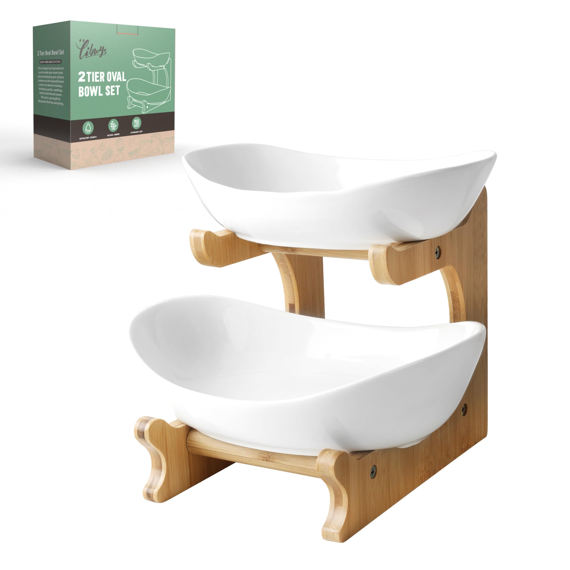 SEVEN SPARTA 2 Tier Fruit Bowl for Kitchen Counter/Ceramic Serving Bowls with Bamboo Stand/Tiered Fruit Basket for Fruit Vegetable Storage, Cake, Dessert, Nuts, Snack, Salad (Dishwasher Safe)