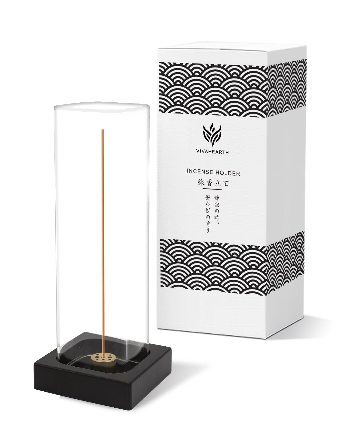 VIVAHEARTH Vertical Incense Holder Wood Brass Glass Cover Black 8.1in