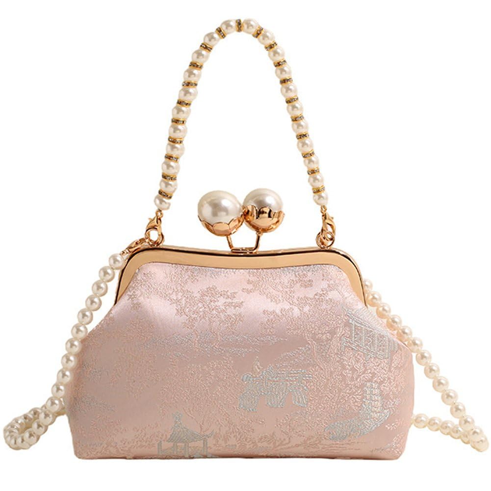 Sslvya Embroidered Clutch Purse for Women Vintage Pearl Chain Evening Bag Elegant Handbag Crossbody Shoulder Bag