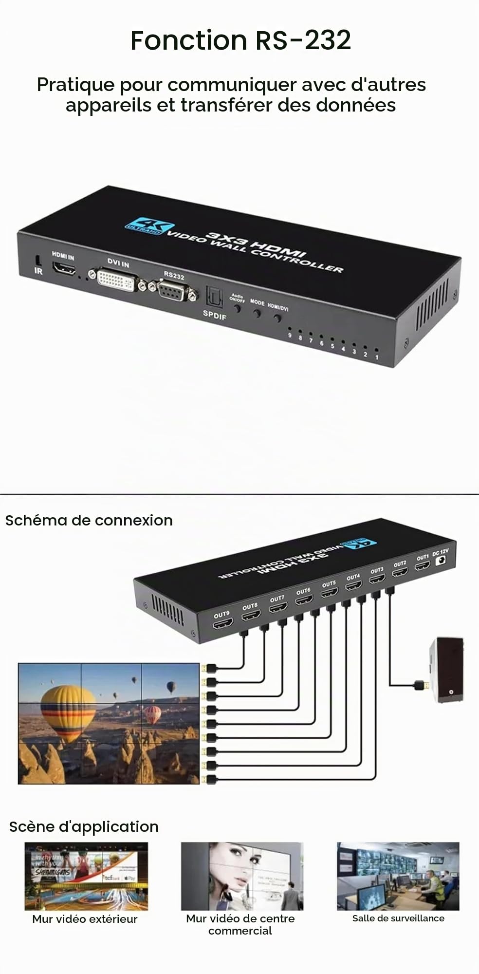 3x3 Video Wall Controller 4K HDMI DVI entrée 1080p 3x3 2x3 2X4 4X2 1X4 TV Wall Controller processeur 9 Écran épissure épissure boîte