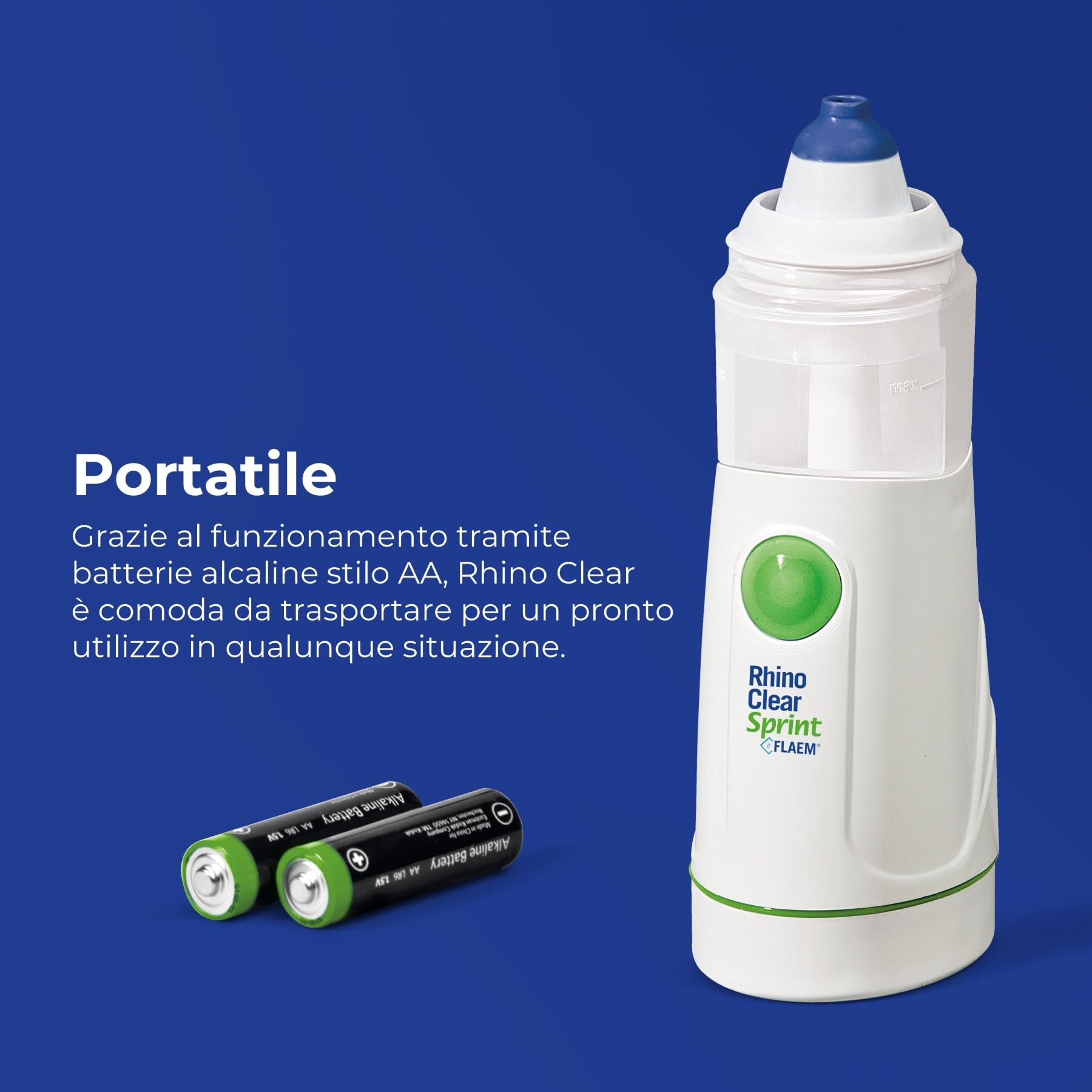 Flaem, Rhino Clear Sprint, Doccia Nasale Portatile, Lavaggio Nasale Bambini e Adulti, Trattamento delle Alte Vie Respiratorie per Raffreddori, Sinusite e Allergie, Funzionamento a Pile, Made in Italy