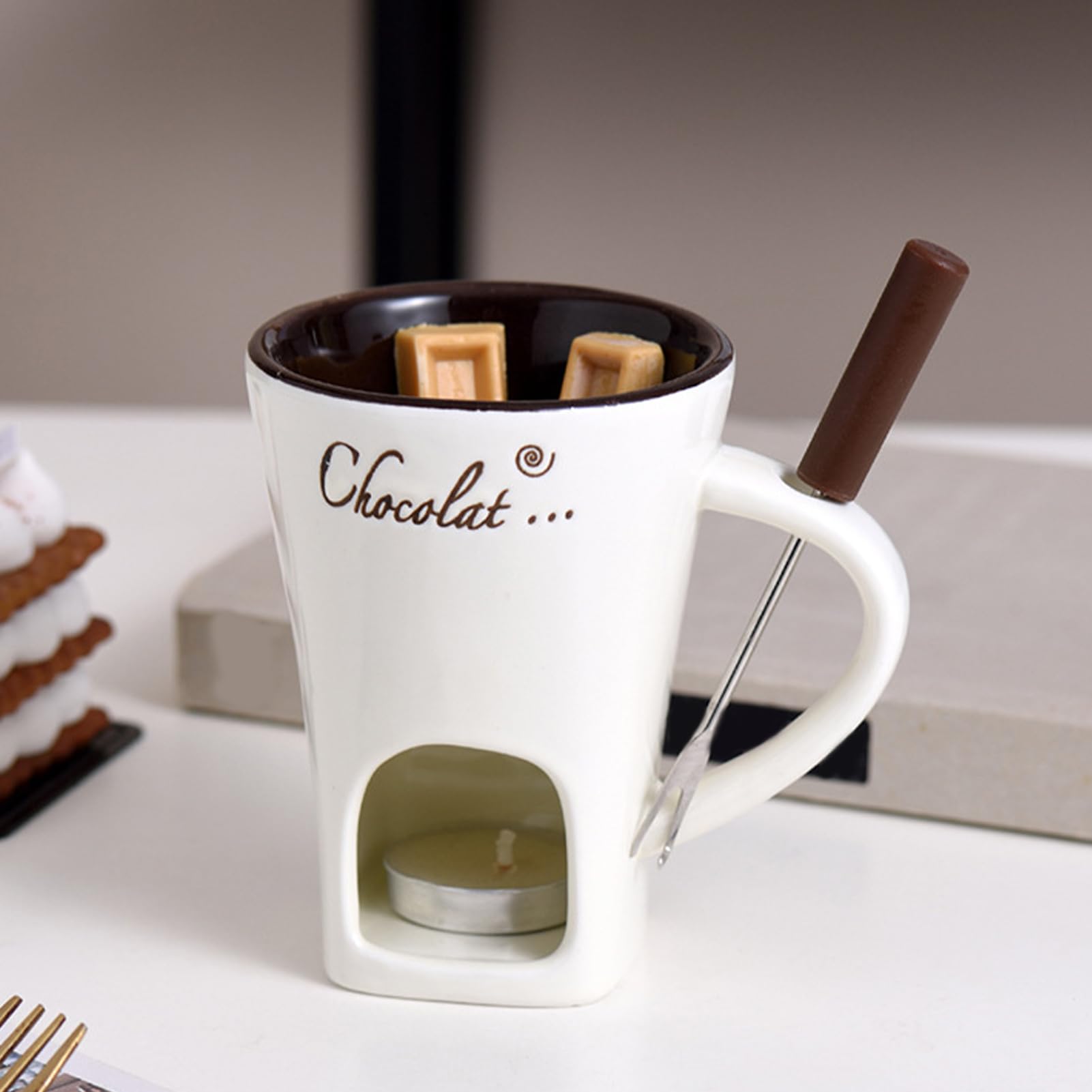 WELLXUNK Schokofondue Beker Set, 200 ml Keramische Schokofondue Beker, Rood Schokofondue Beker met Vork en Kaars, Multifunctioneel Chocolate Fondue Set voor Kaas, Chocolade, Boter, Karamel
