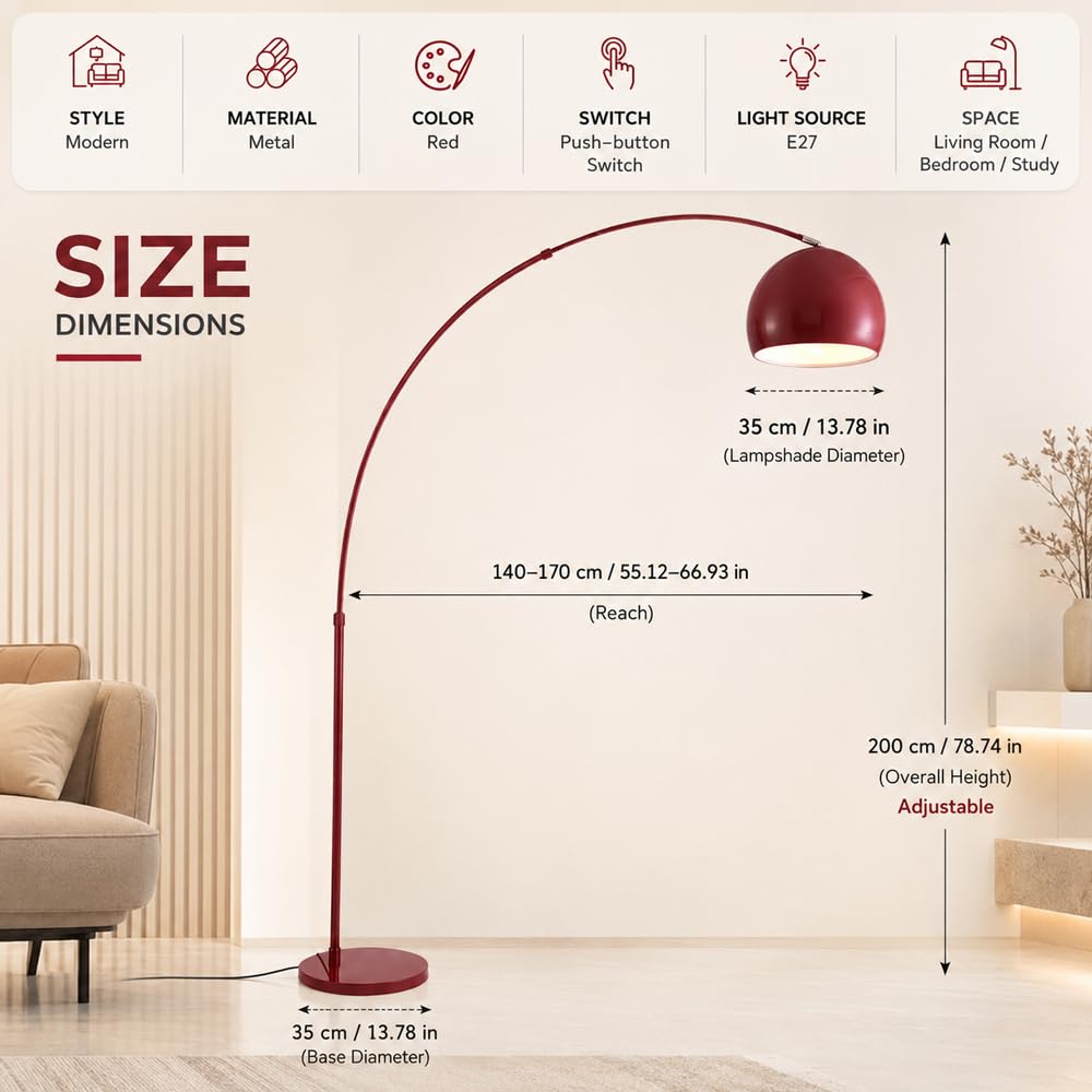 Lampada Da Terra Ad Arco Rosso Lampade Terra Regolabili Libera Lampada Verticale In Metallo Lucido Luci Da Terra Decorative Interne Terra Lettura Lampade Alte Atmosfera Luce Terra Per Soggiorn