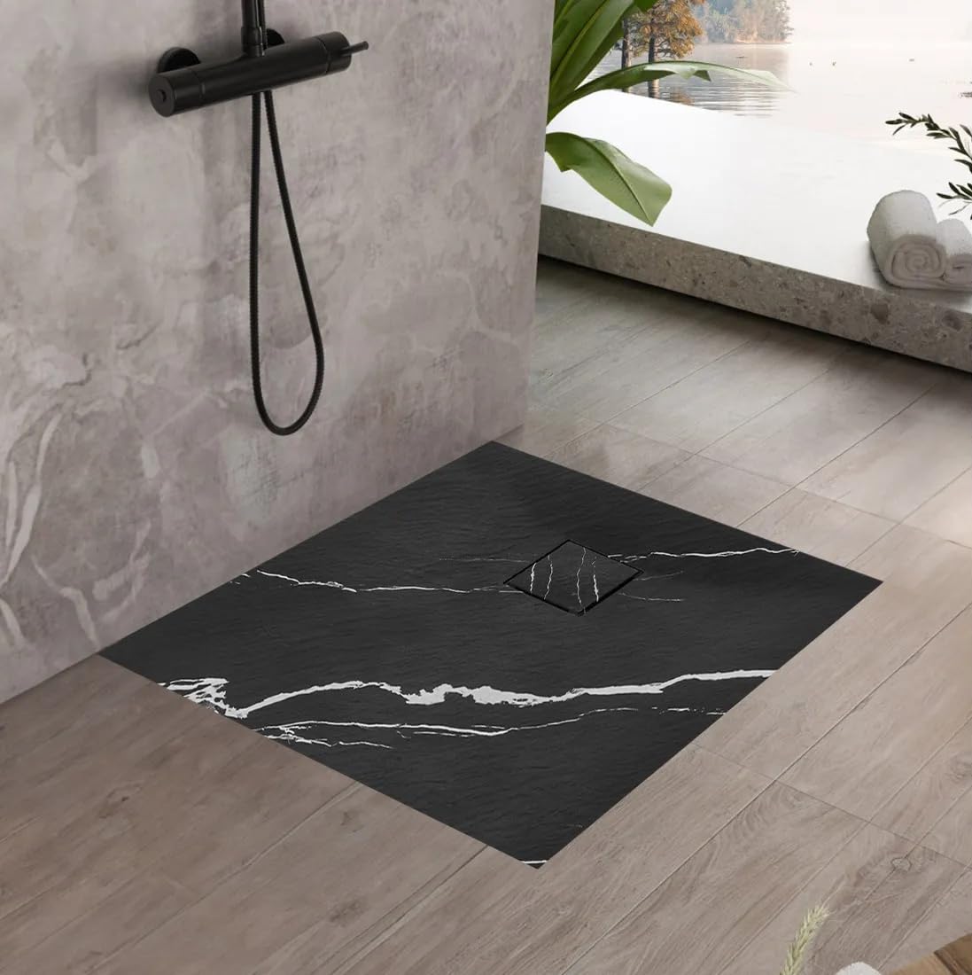 VBChome Plato de ducha de 90 x 90 x 2,5 cm, color negro, imitación piedra, plato de ducha extraplano, cuadrado, desagüe de desagüe para placa de cubierta, compuesto SMC, instalación universal, sifón