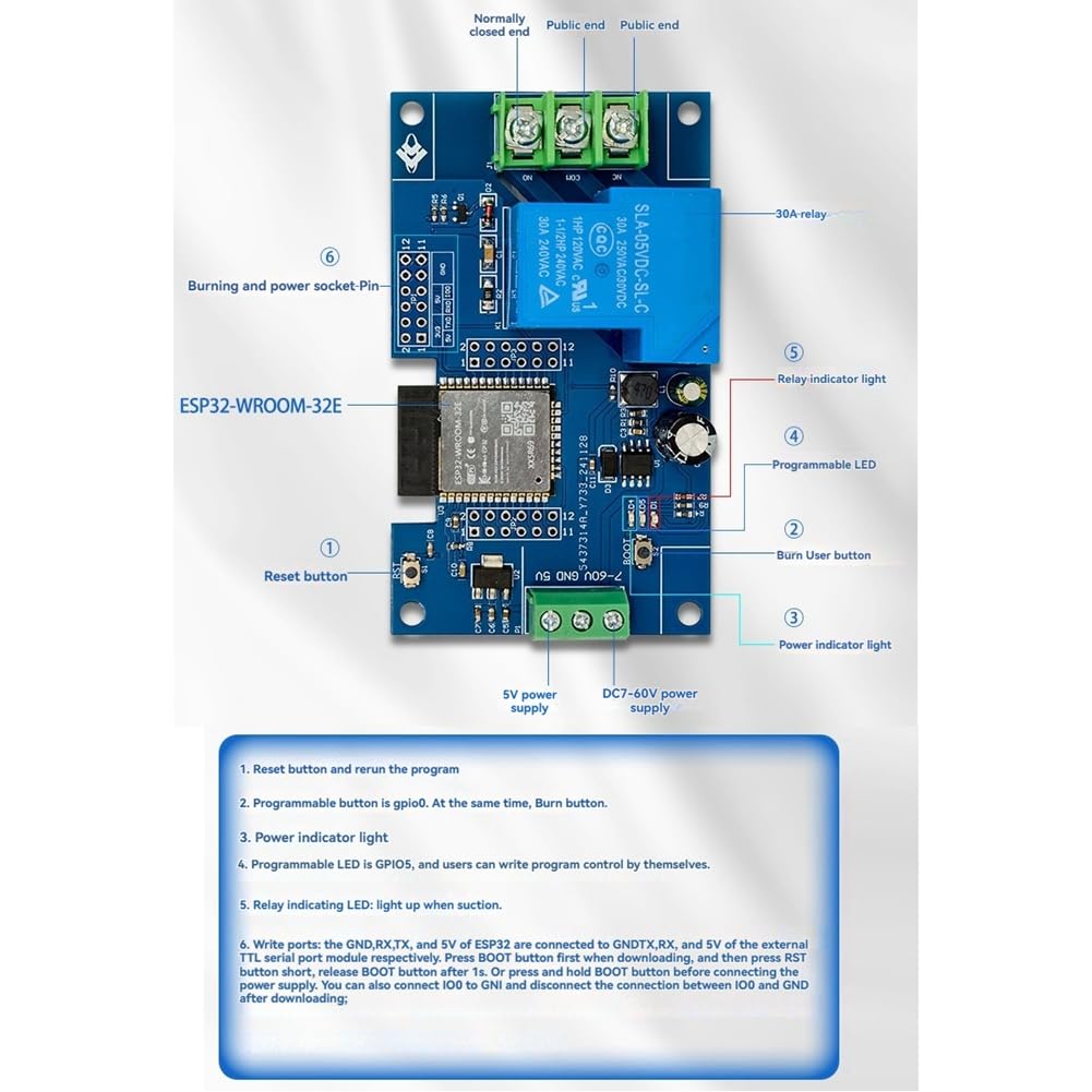 Alimentation DC7-60/5V WiFi Bluetooth 1 Canal 30A Module Relais Carte de Développement Développement Secondaire