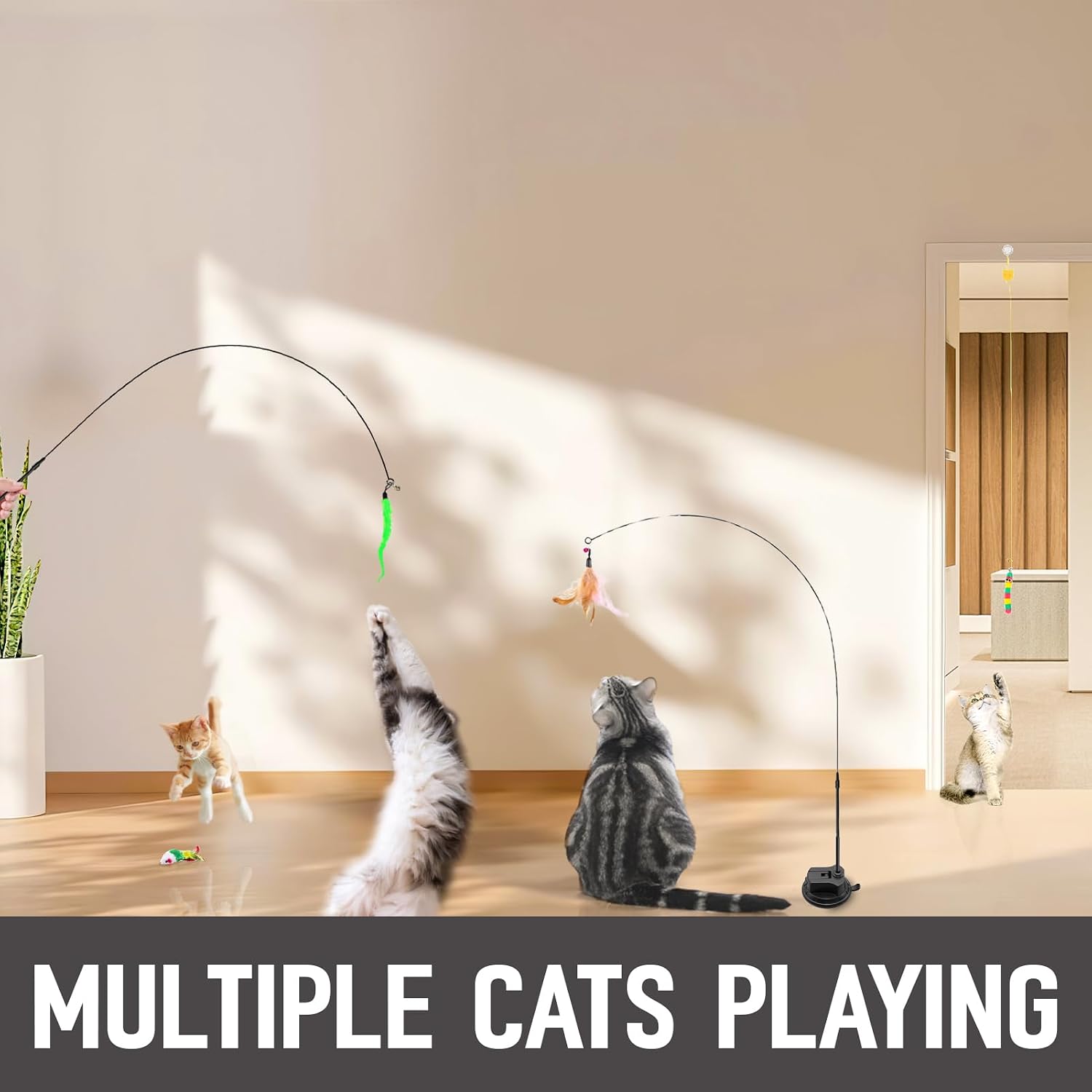 4-in-1 Interactive Cat Toys Set - Feather, String,Suction Cup Cat Toy Stick & Wand Toys with 15 Replaceable Attachments for Indoor Cats