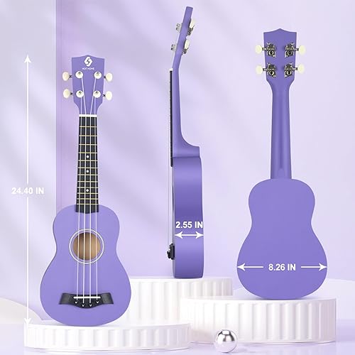 Miniatura 54 de Ukelele soprano para principiantes, juego de iniciación de ukeleles de madera de tilo de 21 pulgadas con bolsa de gig sintonizador digital, cuerdas
