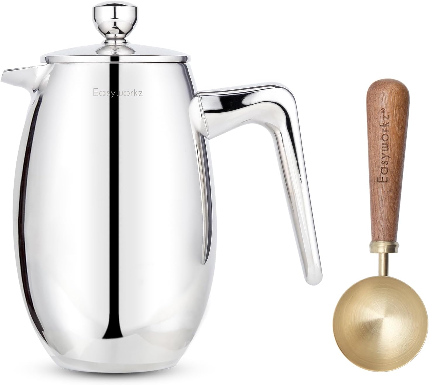 Easyworkz Nando French Press 12 oz Double Wall, Bundled with Retro Stainless Steel 10g Measuring Coffee Spoon, Brushed Gold