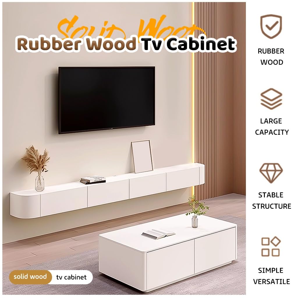 Mueble De TV De Pared Blanco, Mueble De TV Flotante Con Almacenamiento, Banco De TV De Madera Con Cajón, Orificio Para Gestión De Cables, Parte Trasera Hueca, Consola Multimedia(Natural,240x24x20cm)