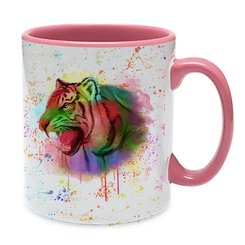 Tiger Design Water Colour Painting Rainbow Art Birthday, Christmas, Secret Santa Coffee Tea Cocoa Soup Daily use Inside Coloured Ceramic Cup Mug. (Pink)