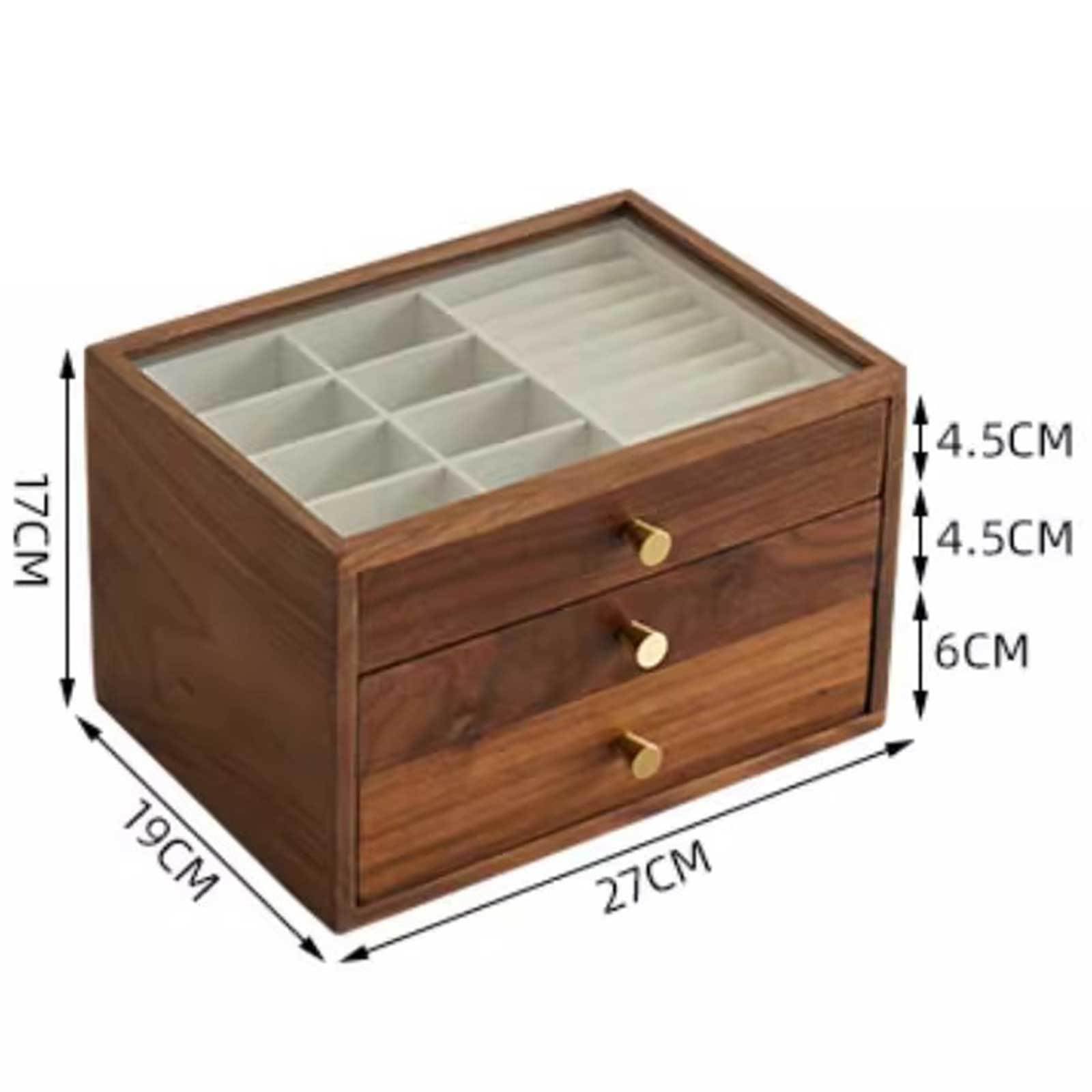 Jewelry box Drewniana szkatułka na biżuterię ze szklanym blatem, organizer, szuflady do przechowywania, różne rozmiary, brązowa