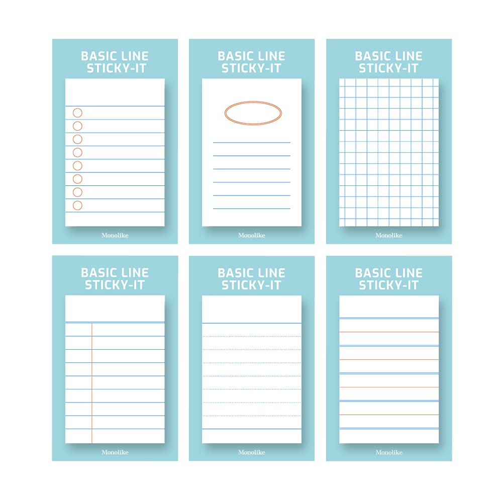 MonolikeBasic Line Blue Sticky-it - 6p Set Self-Adhesive Memo Pad 50 Sheets