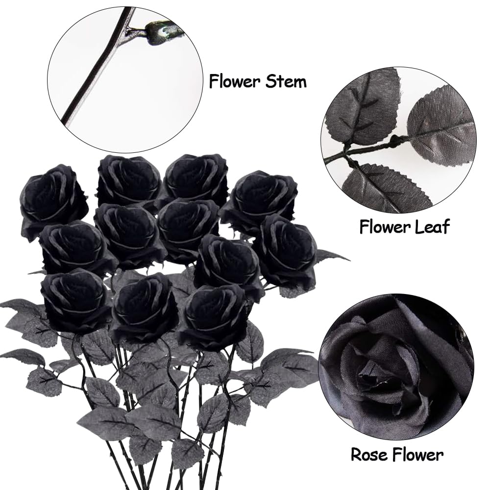 12 Pcs Rose Nera Finte, Bouquet Fiori Finti Di Rosa Con Steli Lunghi
