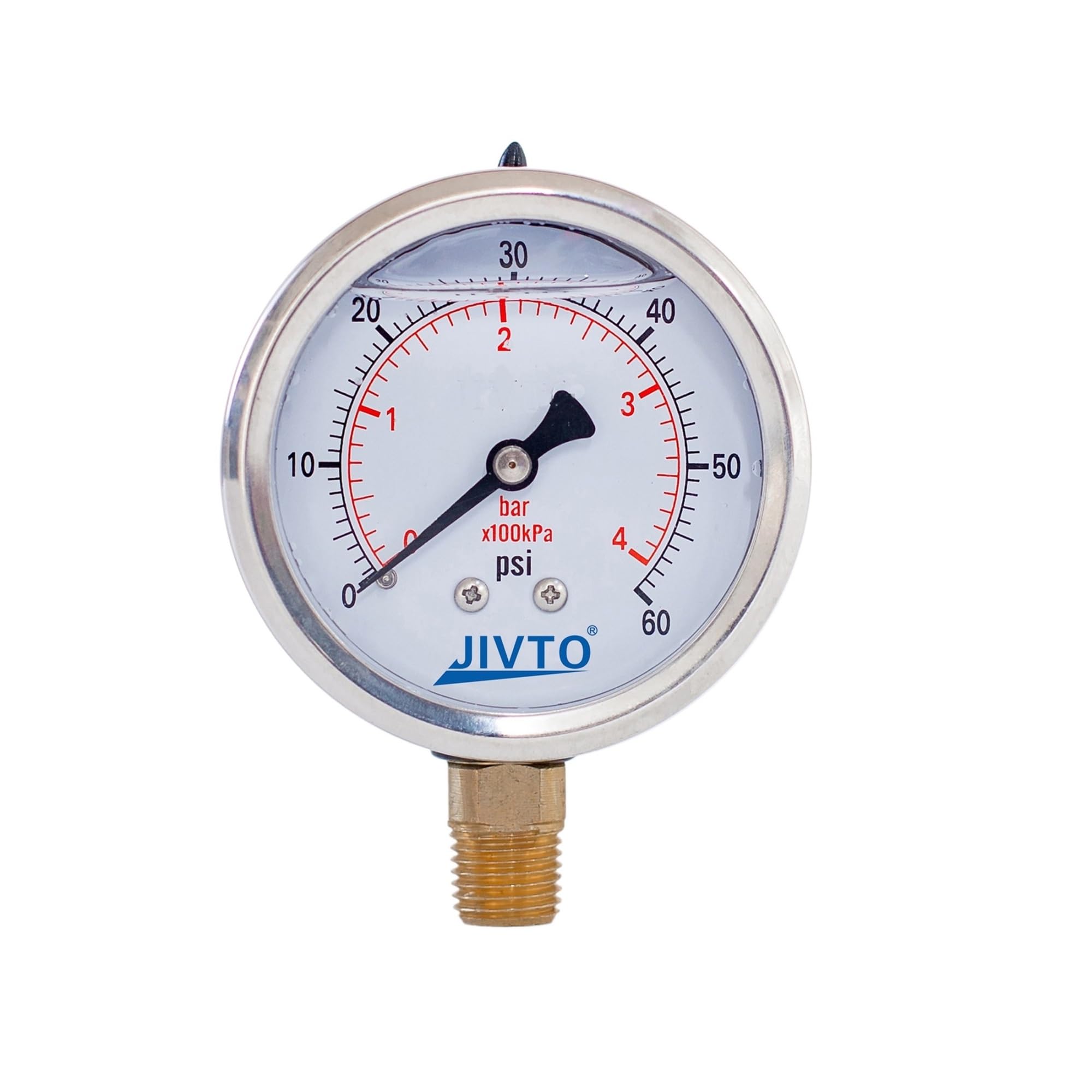 Manometro Riempito di glicerina 2,5 Pollici 1/4 BSP Attacco Inferiore 15,30,60, 100,160,200,300,400,600,3000 Psi e Bar, Antiurto,Manometro del manometro(0-60 PSI (BSP))