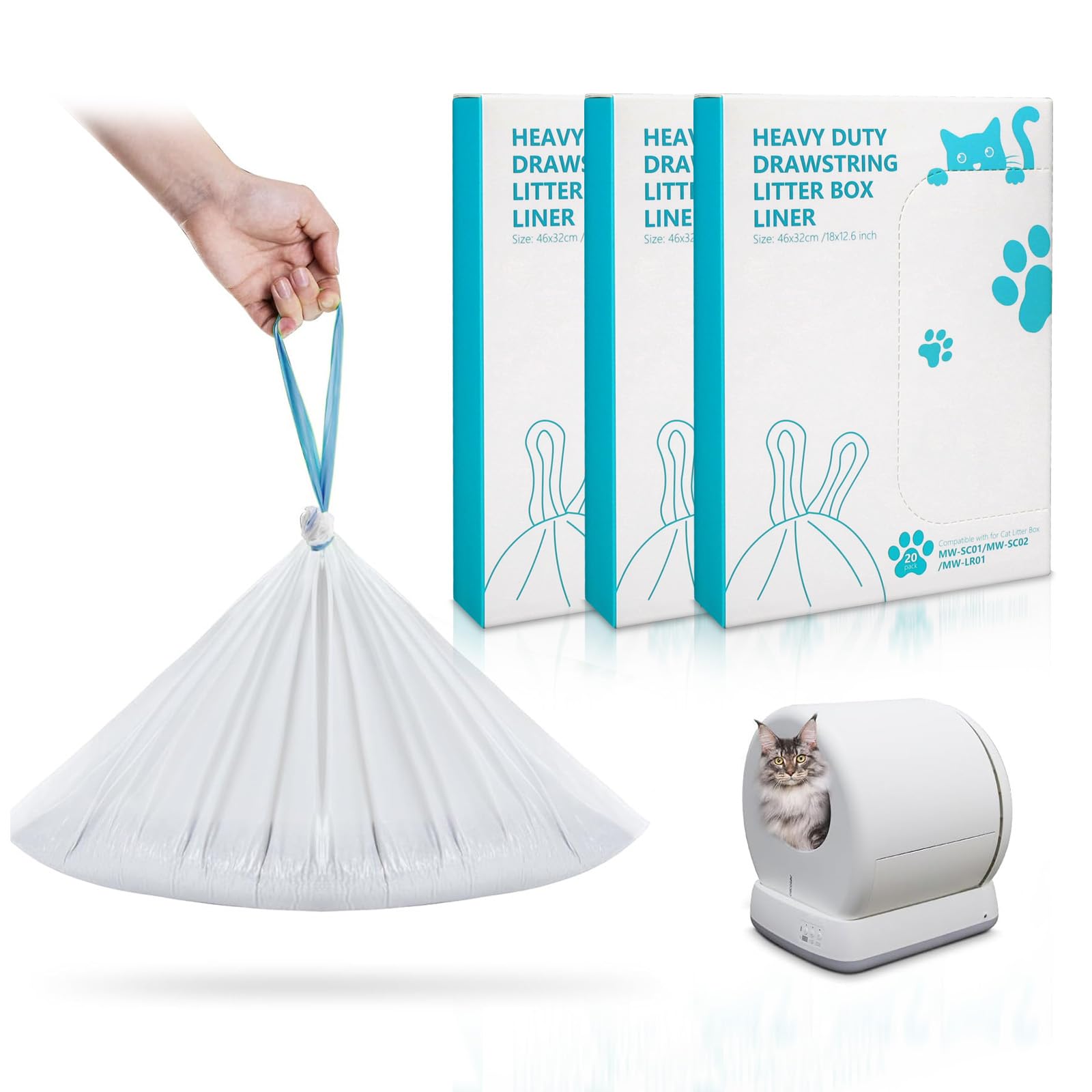 60 bolsas de arena para gatos, bolsas de receptáculos con cordón compatibles con Meo. Caja de arena para gatos autolimpiable MW-SC01 MW-SC02 MW-LR01, sin desgarros, a prueba de fugas, 18 x 12.6