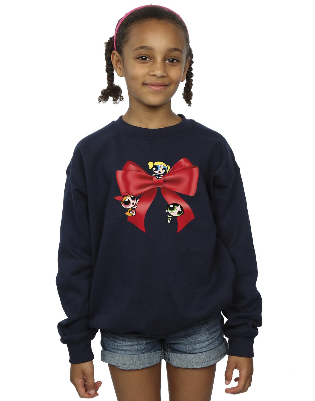 Absolute Cult Powerpuff Girls Girls Christmas Bow Sweatshirt Navy Blue 3-4 Years