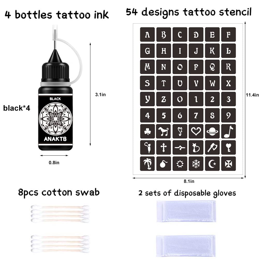 Temporary Tattoo Inks for Women Men, 4 Bottles Black Color Tattoos