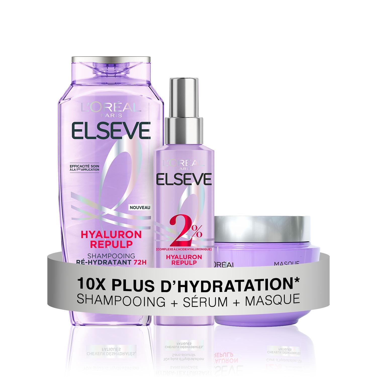 L'Oréal Paris - Routine Soin Hydratation Intense - Cheveux Déshydratés - Hydratation 72H - À l'Acide Hyaluronique - 3 Produits - Shampooing, Sérum & Masque - Elseve Hyaluron Repulp