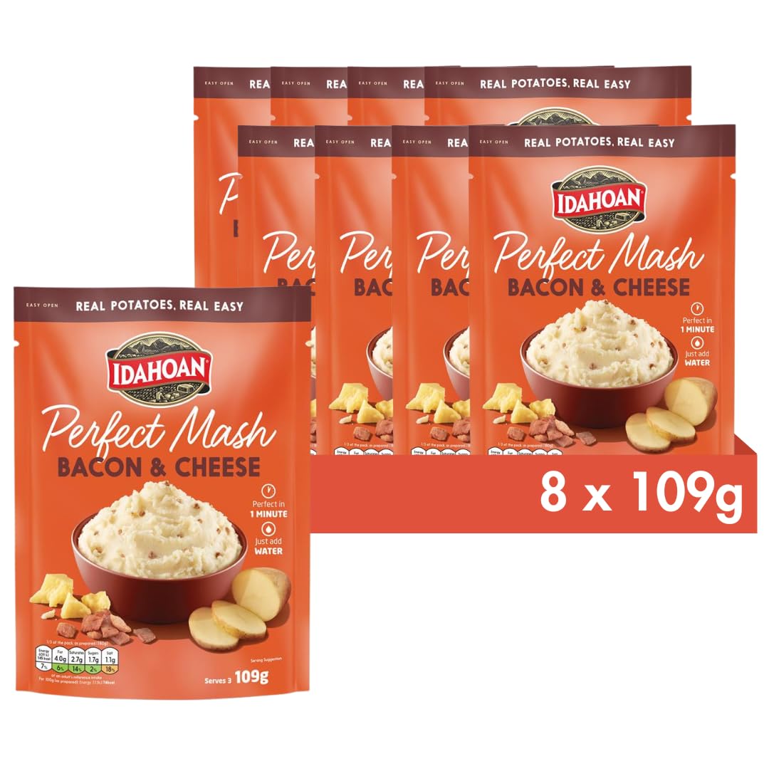 Idahoan Bacon & Cheese Mash Potato - Instant Mash Potatoes Cooks in 1 Minute Ready to Eat Food Bacon & Cheese Bulk (Pack of 8)