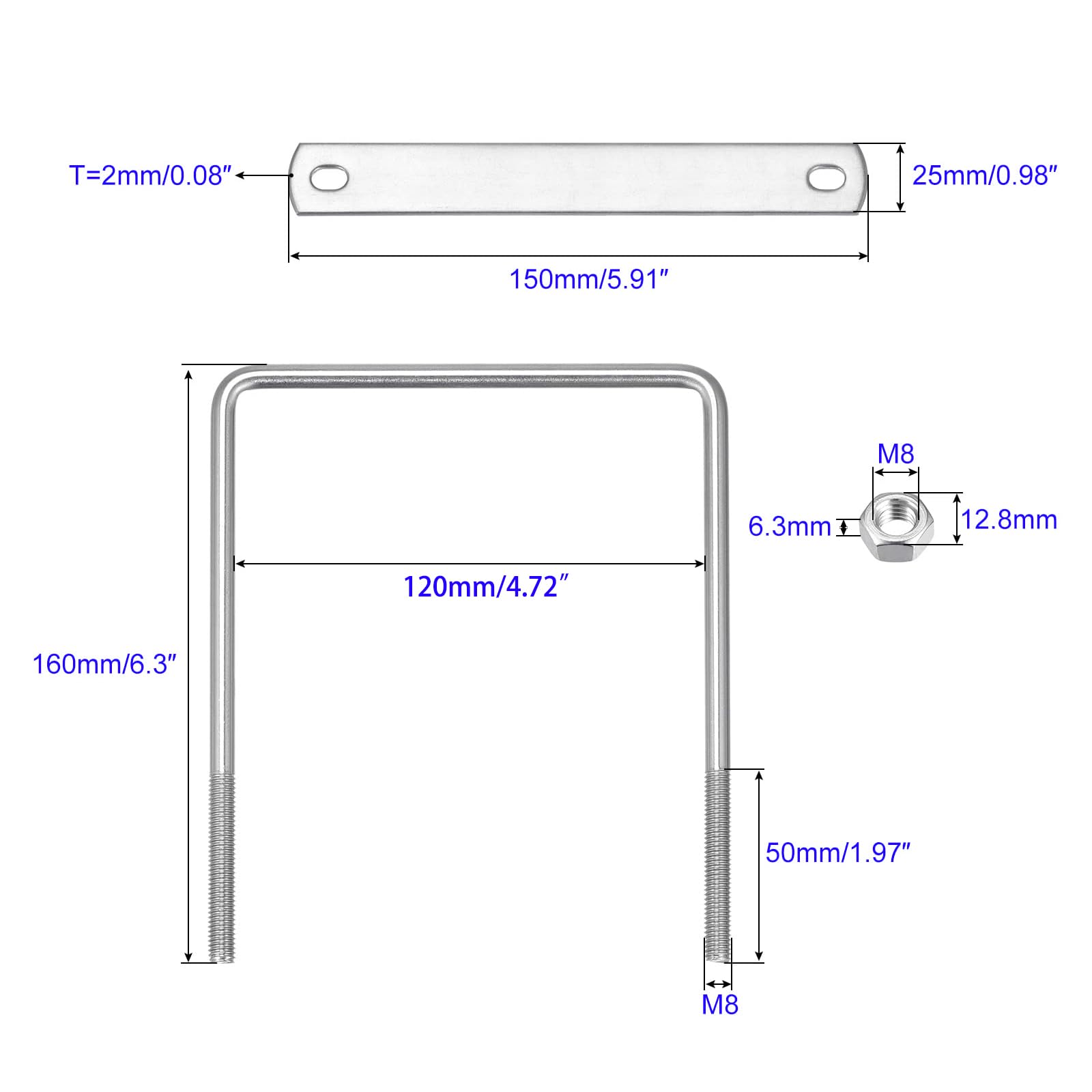 MACHSWON Square U-Bolt,2 Set 304 Stainless Steel M8 U Bolts 120mm(4.8") Inner Width 160mm Length with Nuts and Frame Plate for Automobiles Boat Trailer - Image 2