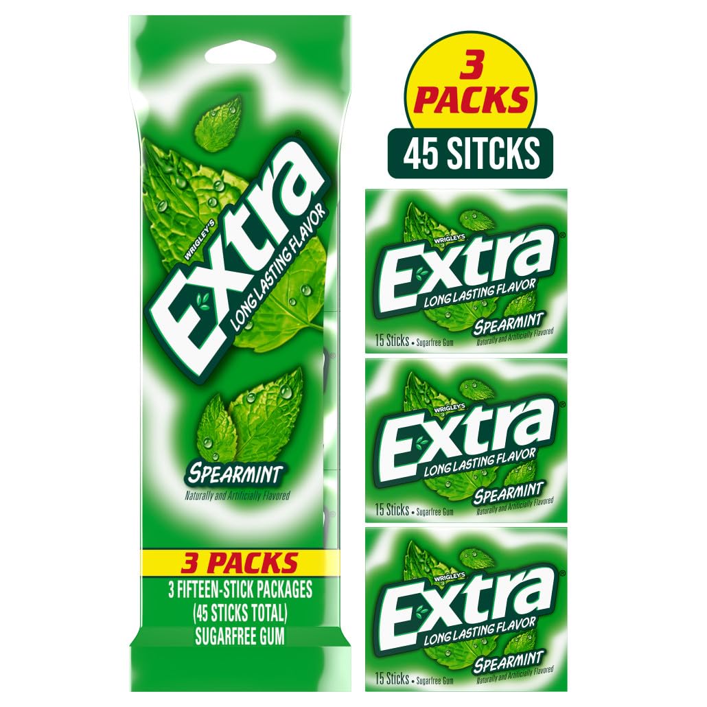 EXTRA Spearmint Sugar Free Chewing Gum, 3 Packs of 15 Pieces (45 Total Pieces)