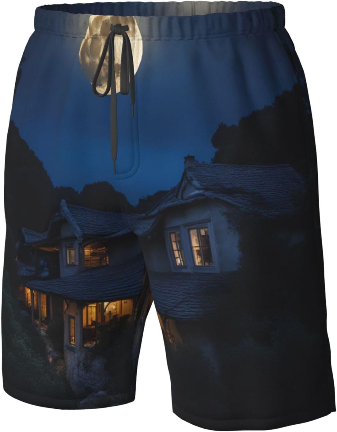 Mens Full Moon in Night Print Beach Shorts,Casual Summer Shorts for Men,Quick Dry Polyester