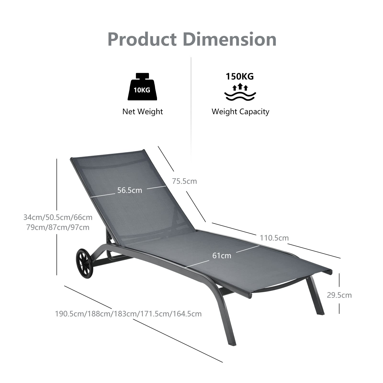 KOMFOTTEU Chaise Longue avec roulettes, Transat de Jardin, Dossier réglable à 6 Positions, Charge 150 kg, Chaise Longue d'Extérieur Mobile, pour Balcon, Terresse, Picine, 190,5 x 61 x 34 cm (Gris)
