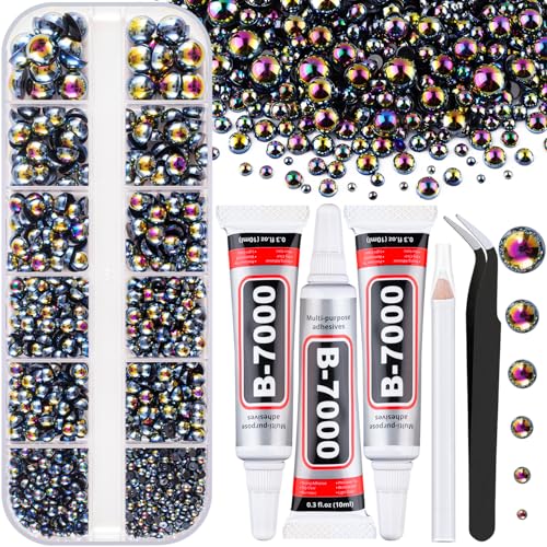 Image of Flatback Pearls for Crafting with 3Pcs 10ml B7000 Jewelry Glue, 1 Box of Half Round Black AB Pearls, Bedazzling Beads for DIY Crafts Clothing Tumblers Shoes Embellishment Nail Art