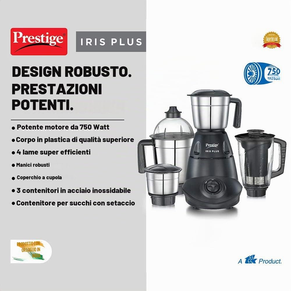 Prestige Iris 750 Watt 4 Jar Mixer Grinder | 3 barattoli multiuso in acciaio inox e 1 barattolo spremiagrumi | Nero | 750W