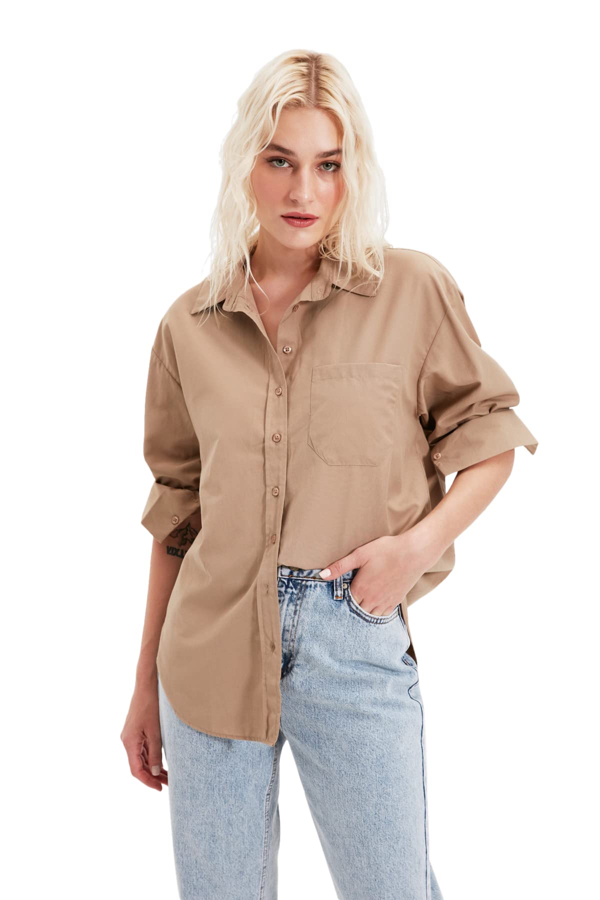 Trendyol Woman Basics Oversize Basic Shirt Collar Woven Shirts