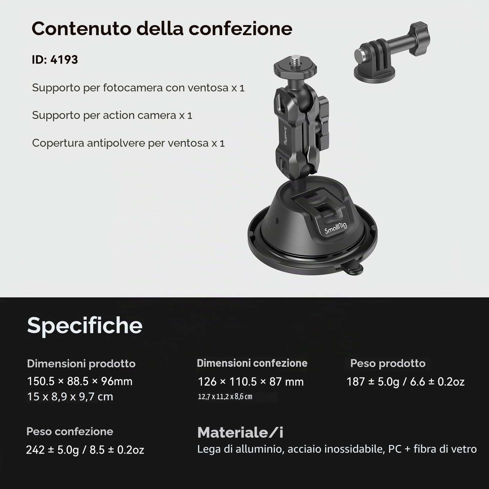 SMALLRIG Supporto a Ventosa a Doppio Strato per GoPro Hero 12/11/10/9, per DJI Osmo Action/Procket, per Insta360 X3, Supporto per Doppia Testa a Sfera Rotazione a 360° - 4193