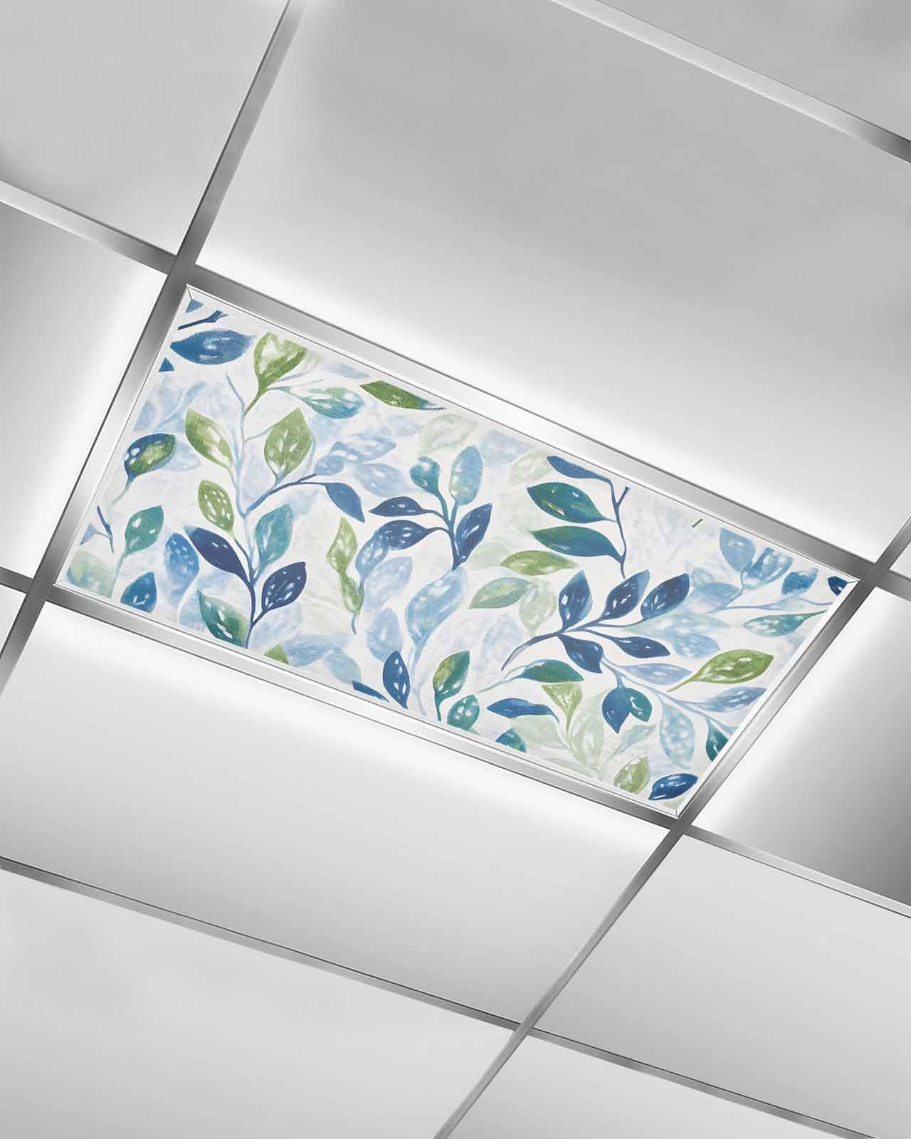 EwdeWwo Plant 1 Pcs Fluorescent Light Covers for Ceiling Lights, Spring Green Blue Leaves Magnetic Light Filters for Eliminate Harsh Glare Classroom Office Decoration, 4 x 2 Ft