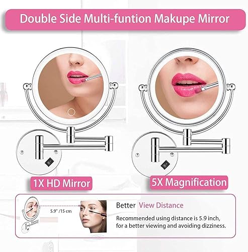 Miniatura 3 de RomildaYuan Wall Mounted Makeup Mirror LED Touch Button Stepless Adjustable Light Double Sided 1X5x Magnifying Vanity Mirror 360 Swivel Extendable