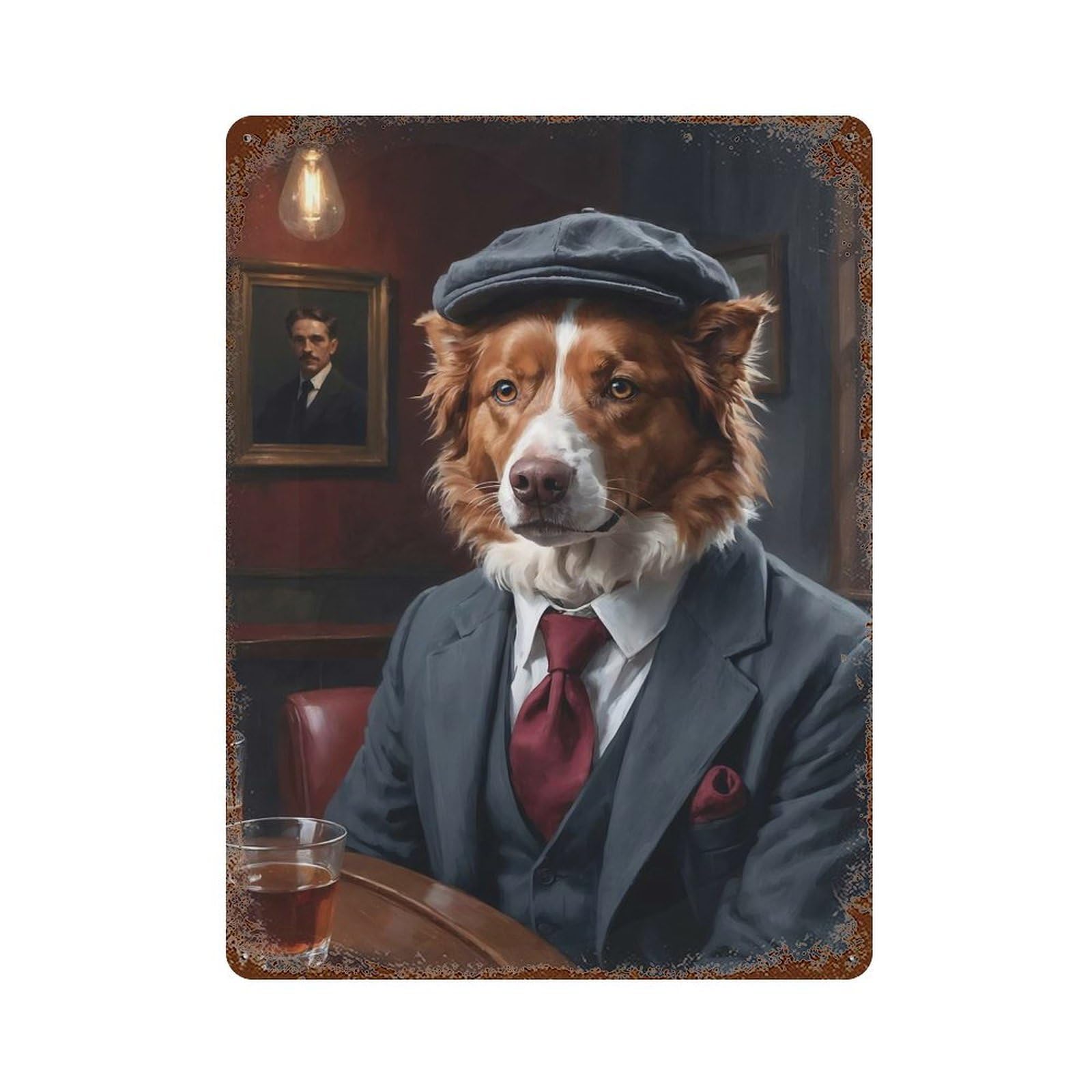 Red Border Collie Dog in Suit at The Pub Rusty Metal Tin Sign 15.7"x11.8", Ideal for Farmhouse, Kitchen And Entryway Decor