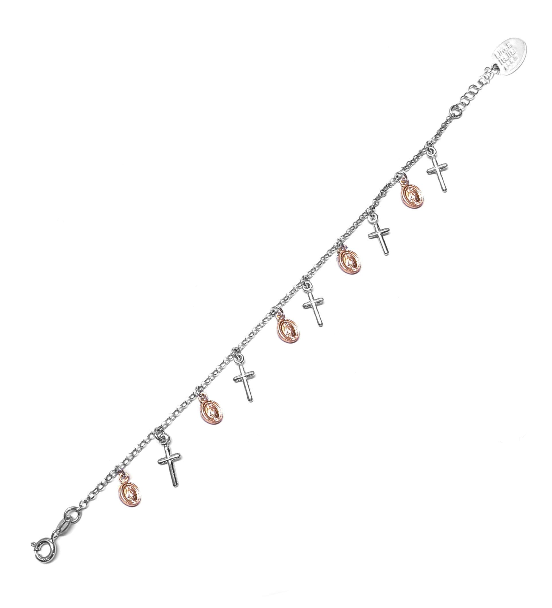 Linea Italia Gioielli - Bracciale per Donna in Argento 925 Bicolore con Croci e Medagliette Madonna - Made In Italy