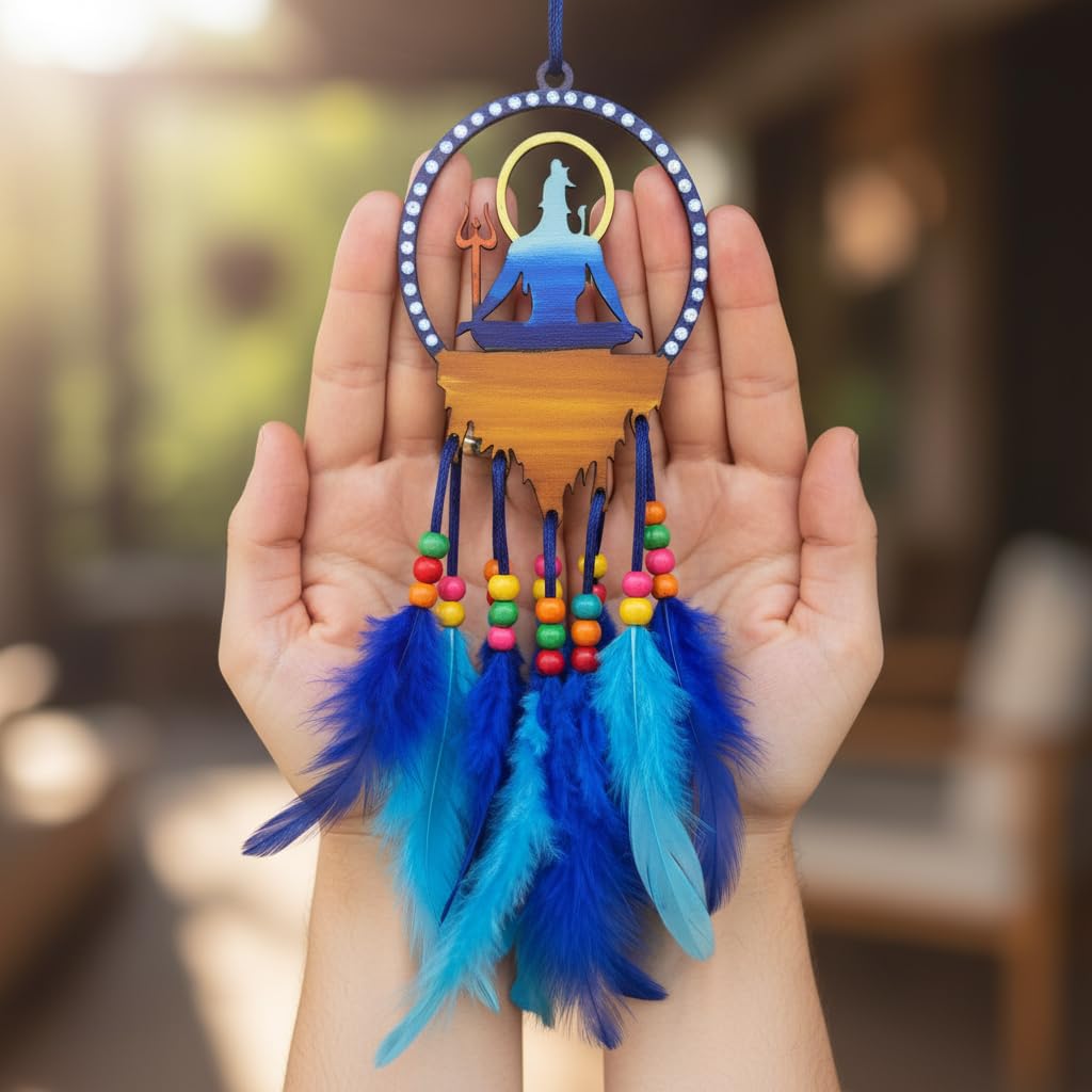 Shiva Dream Catcher for Car | Unique Hand Painted Lord Shiva Rear View Mirror Hanging | Stylish Handmade Car Interior Accessories Gift | Spiritual Mirror Decoration for Positive Energy 1